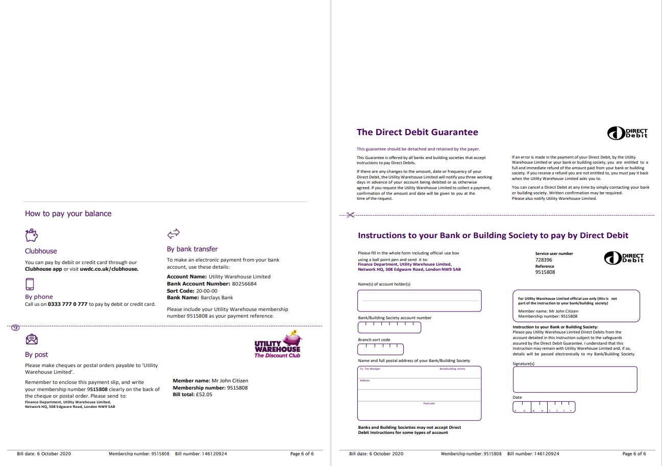 United Kingdom Utility Warehouse electricity utility bill template in Word and PDF format (6 pages) 5 6
